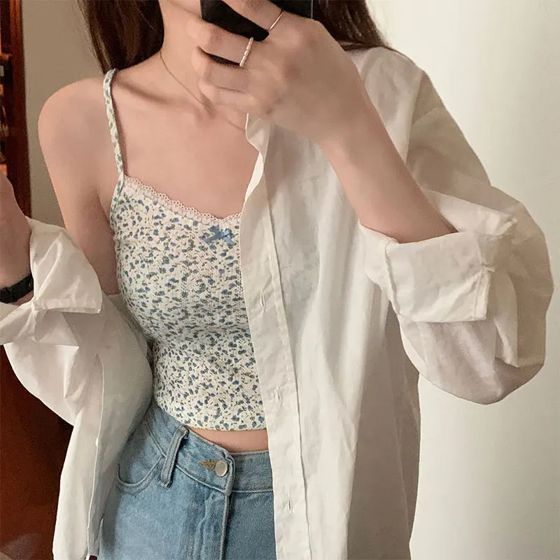 Cute Camis Floral Crop Top Women Summer Lace Trim Bow Hollow Out Prairie Chic Tops for Sweet Girl Kawaii Clothes