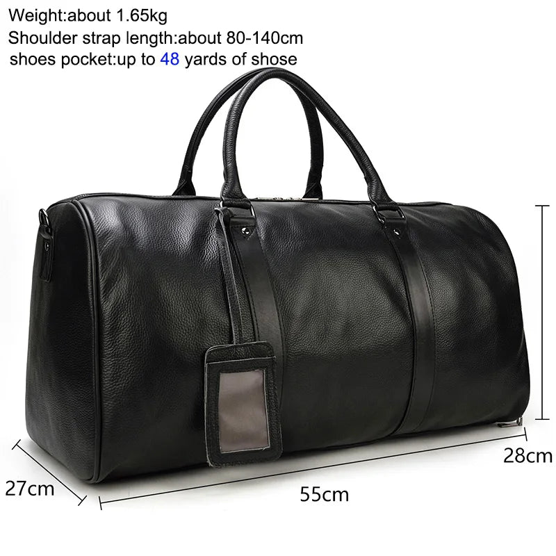 Sac de voyage en cuir véritable de grande capacité pour hommes et femmes, en cuir de vache noir souple, polochon de voyage décontracté, grand sac à bandoulière pour week-end