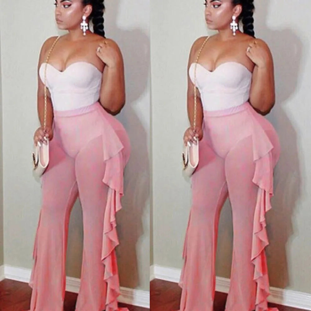 New Women Sexy Transparent Pants High Waist See Through Mesh Sheer Summer Beach Long Pants Bandage Solid Trousers 4 Colors S-XXL