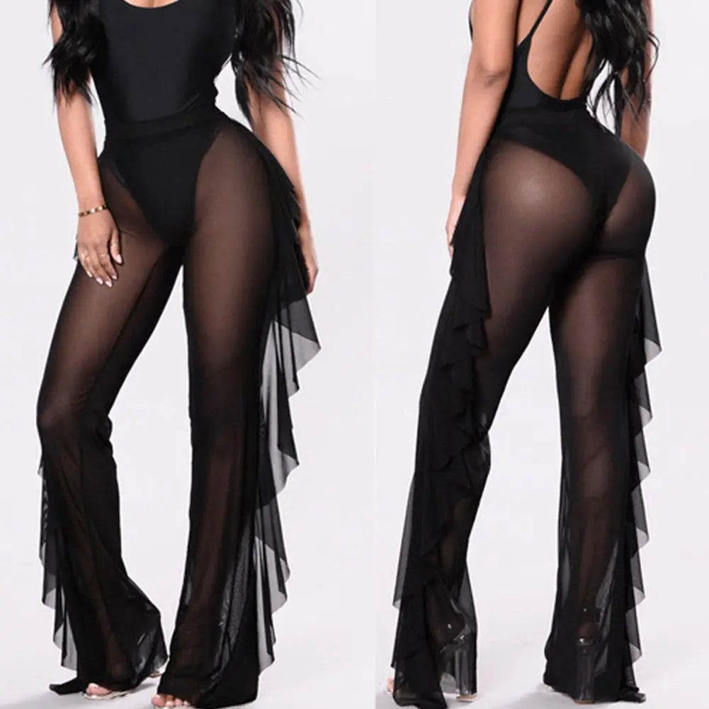New Women Sexy Transparent Pants High Waist See Through Mesh Sheer Summer Beach Long Pants Bandage Solid Trousers 4 Colors S-XXL