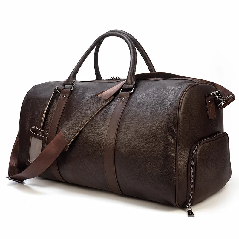 Sac de voyage en cuir véritable de grande capacité pour hommes et femmes, en cuir de vache noir souple, polochon de voyage décontracté, grand sac à bandoulière pour week-end