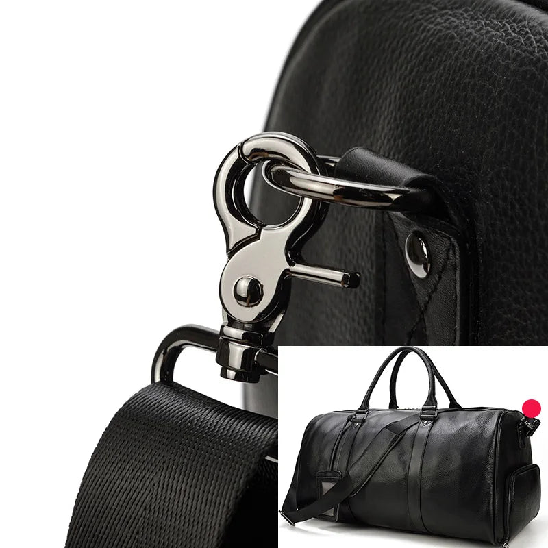 Sac de voyage en cuir véritable de grande capacité pour hommes et femmes, en cuir de vache noir souple, polochon de voyage décontracté, grand sac à bandoulière pour week-end