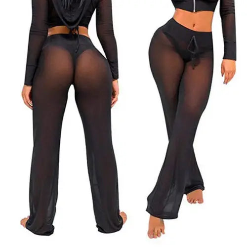 New Women Sexy Transparent Pants High Waist See Through Mesh Sheer Summer Beach Long Pants Bandage Solid Trousers 4 Colors S-XXL