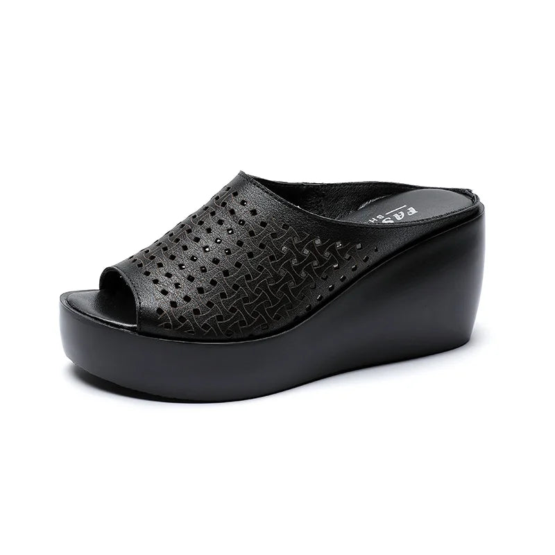GKTINOO genuine leather Summer women slippers Open Toe flip flops sandals Women Wedges Slippers black white slides sandals