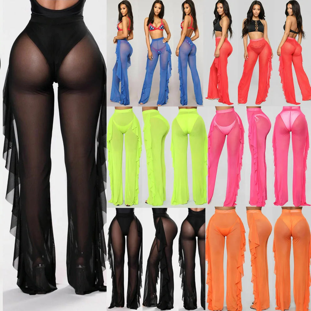 New Women Sexy Transparent Pants High Waist See Through Mesh Sheer Summer Beach Long Pants Bandage Solid Trousers 4 Colors S-XXL