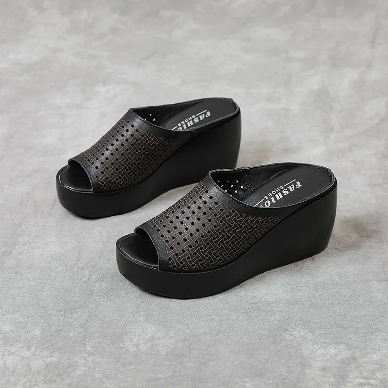 GKTINOO genuine leather Summer women slippers Open Toe flip flops sandals Women Wedges Slippers black white slides sandals