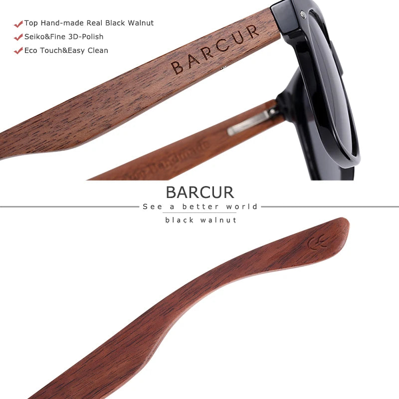 BARCUR noir noyer lunettes de soleil bois lunettes de soleil polarisées hommes lunettes hommes UV400 lunettes de protection en bois boîte d'origine