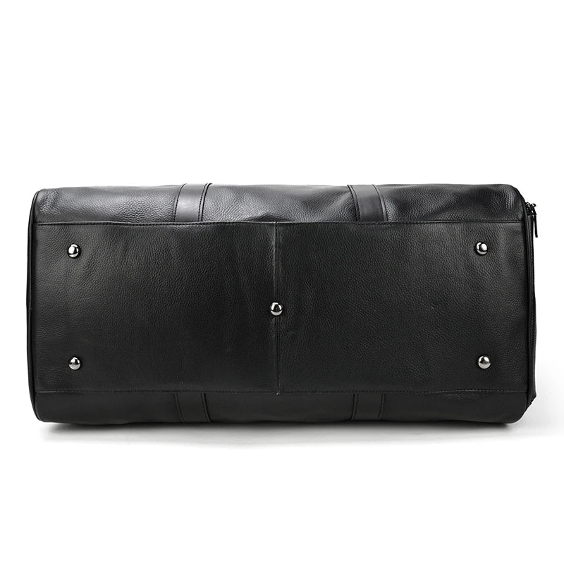 Sac de voyage en cuir véritable de grande capacité pour hommes et femmes, en cuir de vache noir souple, polochon de voyage décontracté, grand sac à bandoulière pour week-end