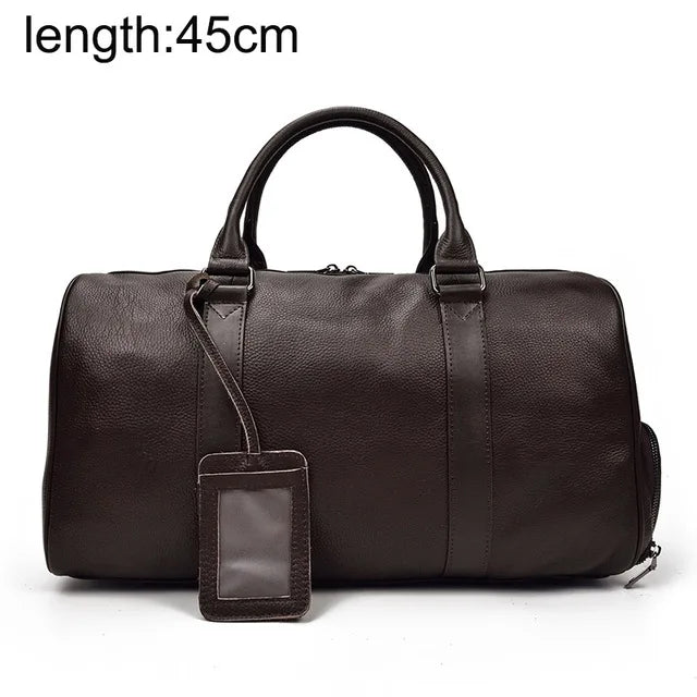 Sac de voyage en cuir véritable de grande capacité pour hommes et femmes, en cuir de vache noir souple, polochon de voyage décontracté, grand sac à bandoulière pour week-end