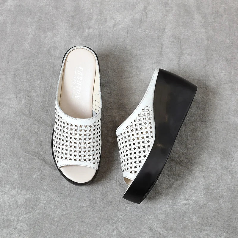 GKTINOO genuine leather Summer women slippers Open Toe flip flops sandals Women Wedges Slippers black white slides sandals