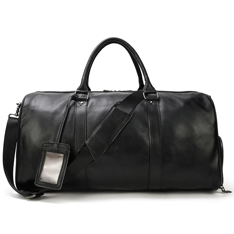 Sac de voyage en cuir véritable de grande capacité pour hommes et femmes, en cuir de vache noir souple, polochon de voyage décontracté, grand sac à bandoulière pour week-end