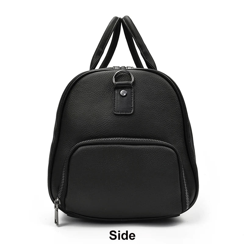 Sac de voyage en cuir véritable de grande capacité pour hommes et femmes, en cuir de vache noir souple, polochon de voyage décontracté, grand sac à bandoulière pour week-end