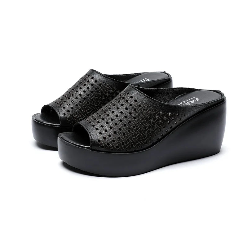GKTINOO genuine leather Summer women slippers Open Toe flip flops sandals Women Wedges Slippers black white slides sandals