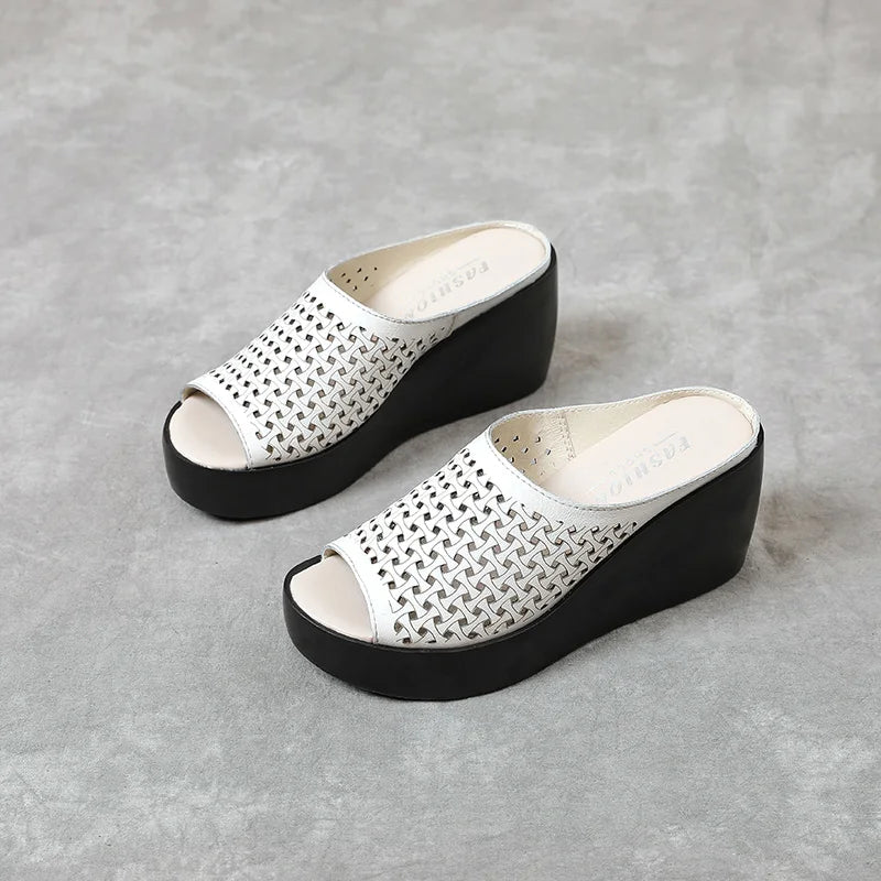 GKTINOO genuine leather Summer women slippers Open Toe flip flops sandals Women Wedges Slippers black white slides sandals