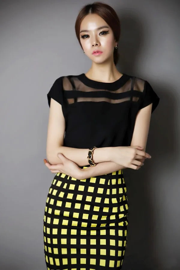 Nouvelles dames noir Tulle Blouses transparentes chemises femmes hauts en mousseline de soie Blouse courte évider Blusas Femininas été