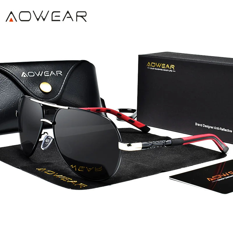 AOWEAR Aviation lunettes de soleil polarisées hommes en aluminium conduite miroir lunettes de soleil mâle marque concepteur rétro lunettes accessoires gafas