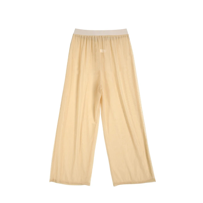 New Women Sexy Transparent Pants High Waist See Through Mesh Sheer Summer Beach Long Pants Bandage Solid Trousers 4 Colors S-XXL