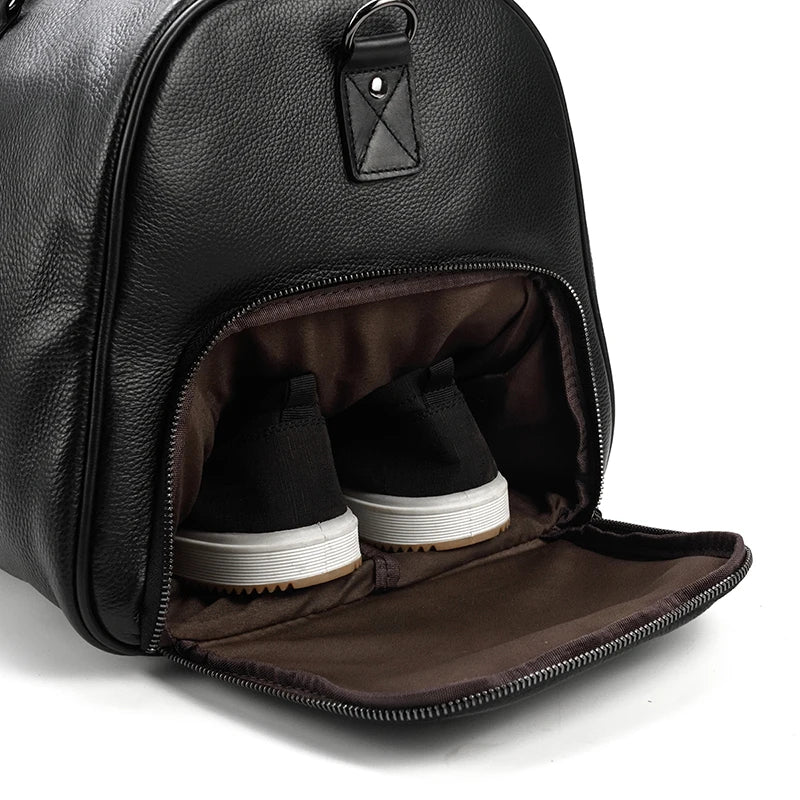 Sac de voyage en cuir véritable de grande capacité pour hommes et femmes, en cuir de vache noir souple, polochon de voyage décontracté, grand sac à bandoulière pour week-end