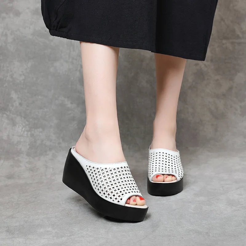 GKTINOO genuine leather Summer women slippers Open Toe flip flops sandals Women Wedges Slippers black white slides sandals