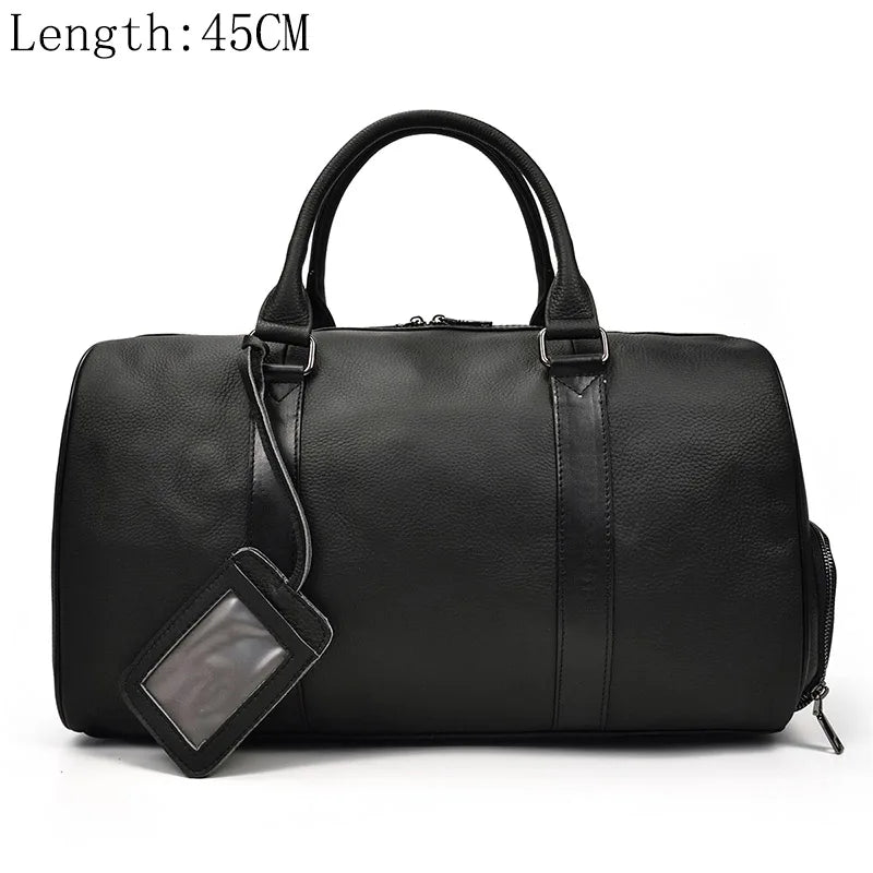 Sac de voyage en cuir véritable de grande capacité pour hommes et femmes, en cuir de vache noir souple, polochon de voyage décontracté, grand sac à bandoulière pour week-end