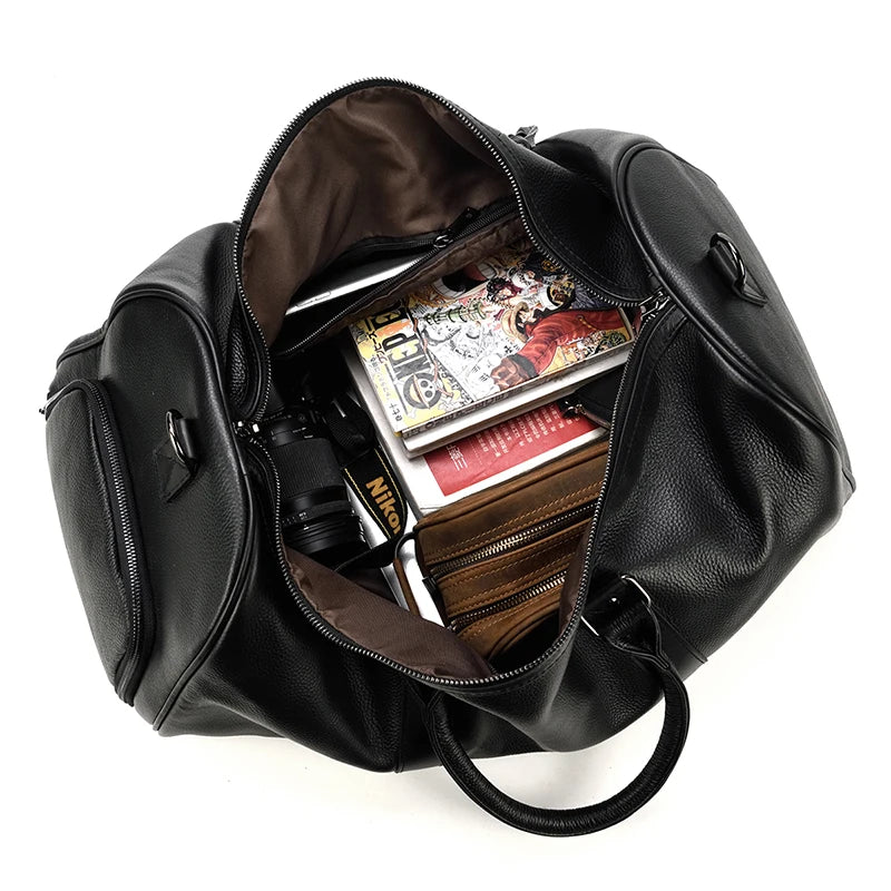 Sac de voyage en cuir véritable de grande capacité pour hommes et femmes, en cuir de vache noir souple, polochon de voyage décontracté, grand sac à bandoulière pour week-end