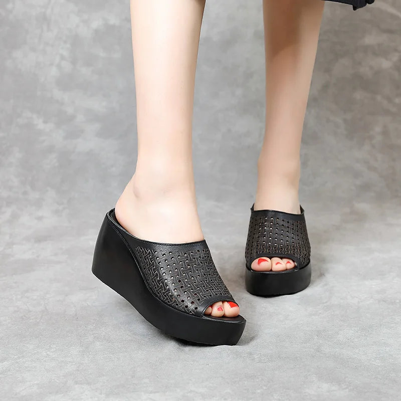 GKTINOO genuine leather Summer women slippers Open Toe flip flops sandals Women Wedges Slippers black white slides sandals