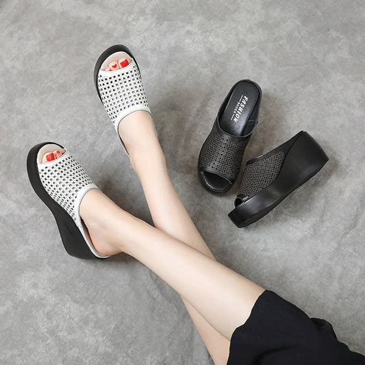 GKTINOO genuine leather Summer women slippers Open Toe flip flops sandals Women Wedges Slippers black white slides sandals