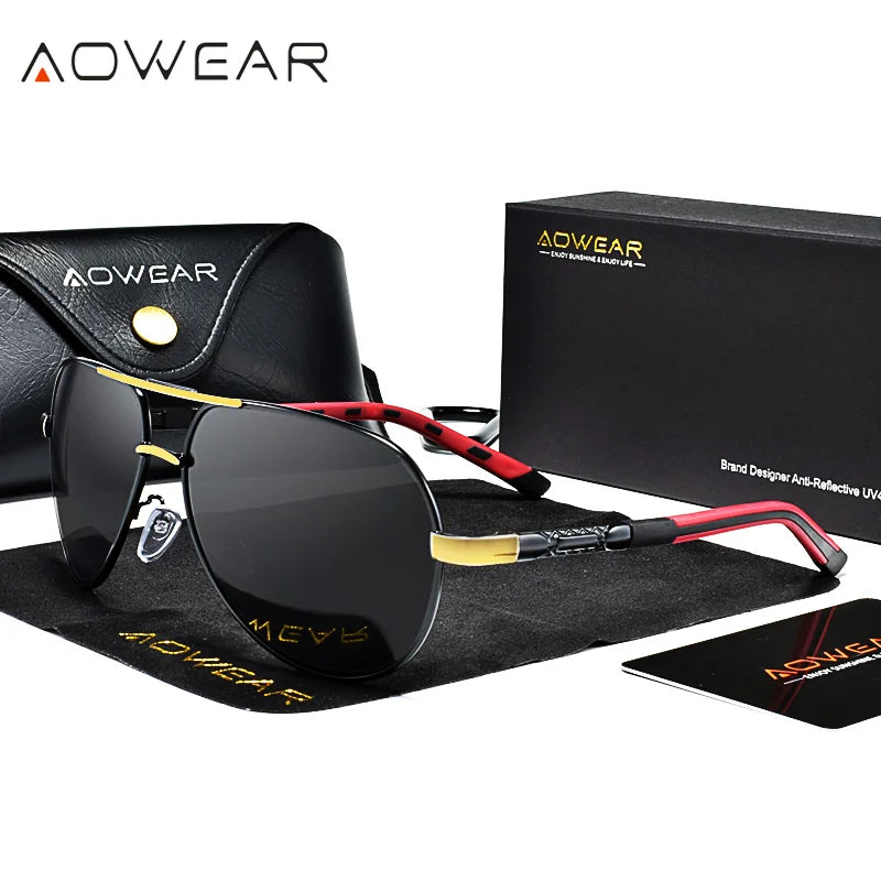 AOWEAR Aviation lunettes de soleil polarisées hommes en aluminium conduite miroir lunettes de soleil mâle marque concepteur rétro lunettes accessoires gafas