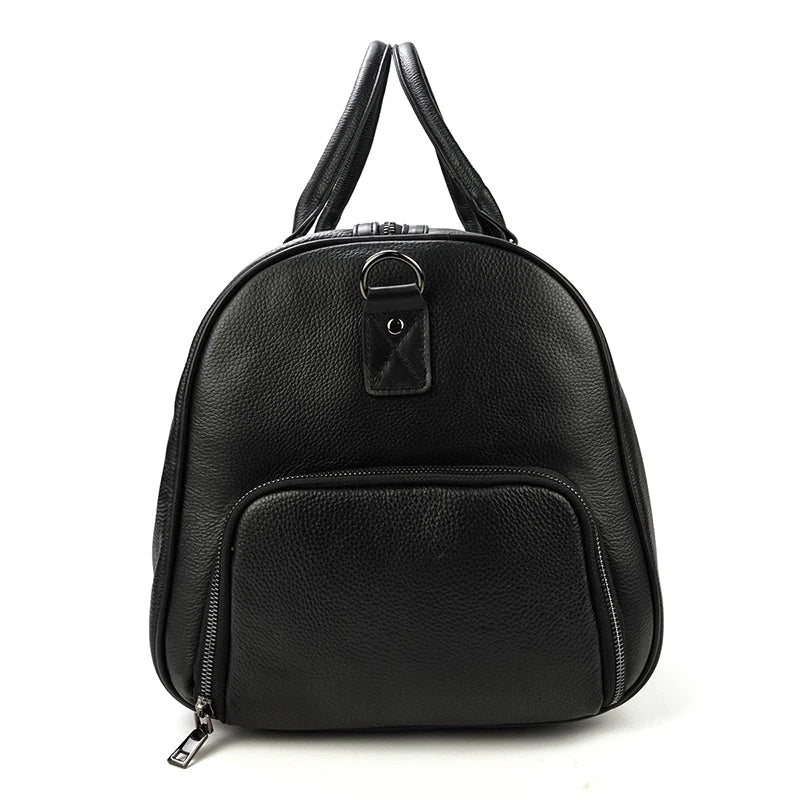 Sac de voyage en cuir véritable de grande capacité pour hommes et femmes, en cuir de vache noir souple, polochon de voyage décontracté, grand sac à bandoulière pour week-end
