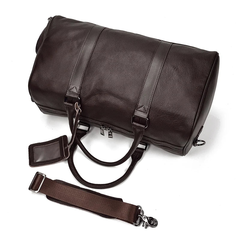 Sac de voyage en cuir véritable de grande capacité pour hommes et femmes, en cuir de vache noir souple, polochon de voyage décontracté, grand sac à bandoulière pour week-end