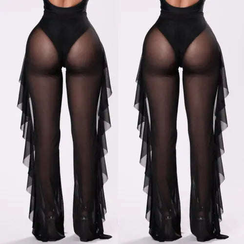 New Women Sexy Transparent Pants High Waist See Through Mesh Sheer Summer Beach Long Pants Bandage Solid Trousers 4 Colors S-XXL