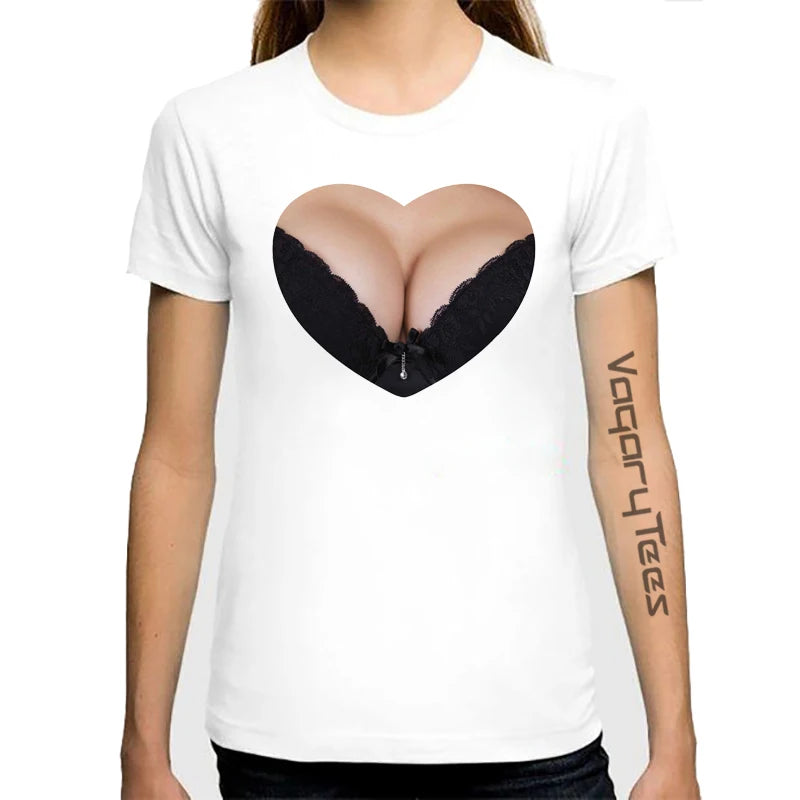 T-shirt manches courtes col rond femme, estival et décontracté, avec gros seins College en 3D