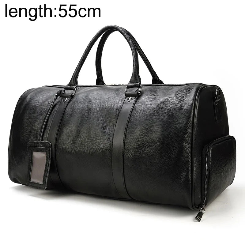 Sac de voyage en cuir véritable de grande capacité pour hommes et femmes, en cuir de vache noir souple, polochon de voyage décontracté, grand sac à bandoulière pour week-end