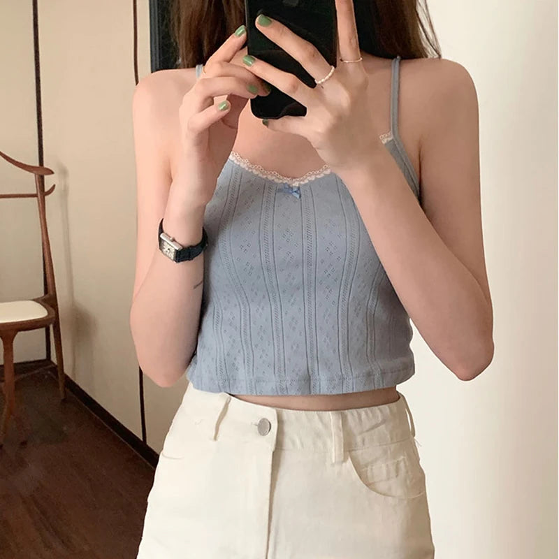 Cute Camis Floral Crop Top Women Summer Lace Trim Bow Hollow Out Prairie Chic Tops for Sweet Girl Kawaii Clothes