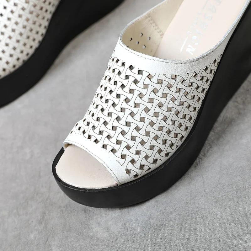 GKTINOO genuine leather Summer women slippers Open Toe flip flops sandals Women Wedges Slippers black white slides sandals
