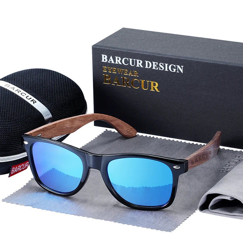 BARCUR noir noyer lunettes de soleil bois lunettes de soleil polarisées hommes lunettes hommes UV400 lunettes de protection en bois boîte d'origine