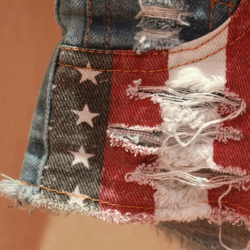 Short en jean taille moyenne pour femmes, nouvelle mode, drapeau américain imprimé, Denim, pôle danse, slim, trou chaud, pantalon court, 2021, S-XXL