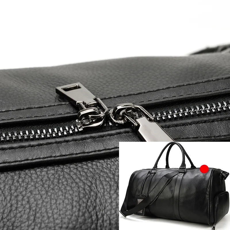 Sac de voyage en cuir véritable de grande capacité pour hommes et femmes, en cuir de vache noir souple, polochon de voyage décontracté, grand sac à bandoulière pour week-end
