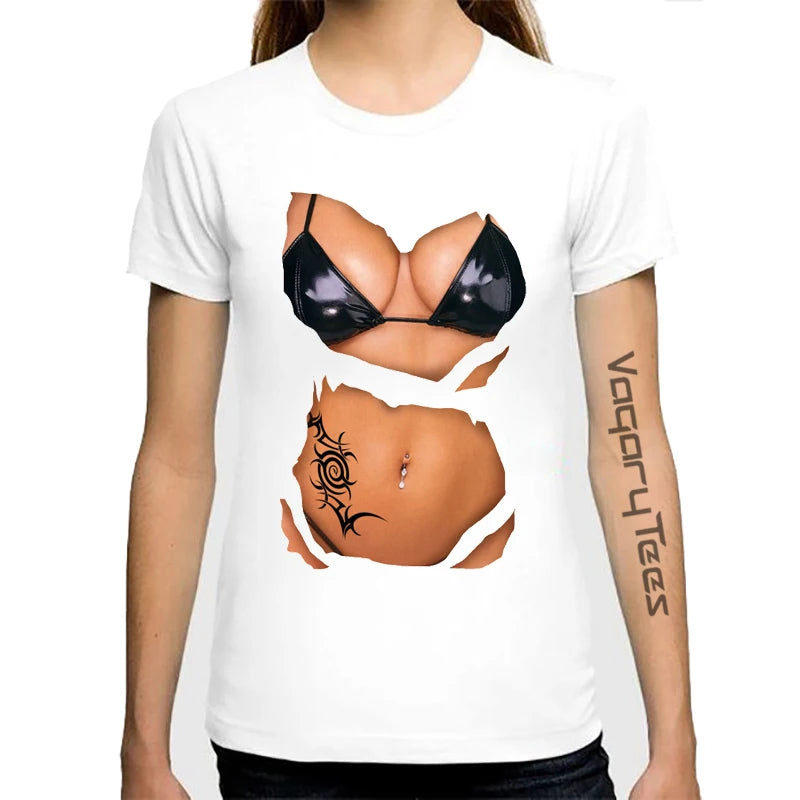 T-shirt manches courtes col rond femme, estival et décontracté, avec gros seins College en 3D