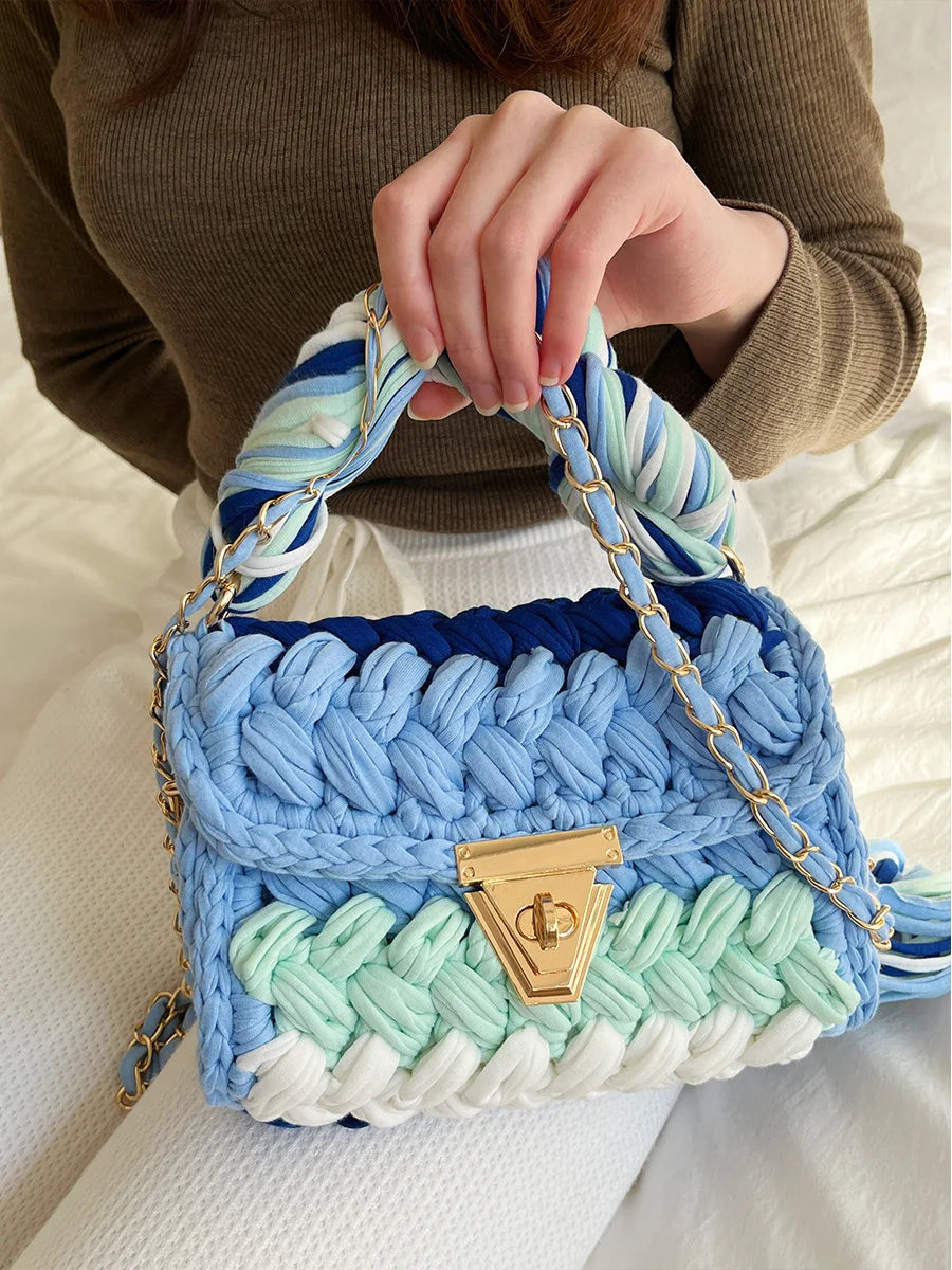 New Handmade Woven Women's Crossbody Bags Thread Hook Knitted Shoulder Bag Colorful Strip Chains Bags for Women Small Purses