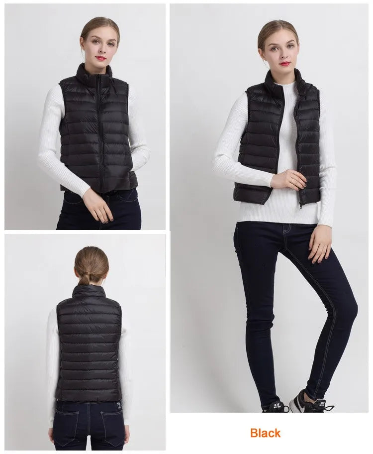 0-10 ℃   Femmes gilets automne hiver Ultra léger canard vers le bas gilet femme mince sans manches veste coupe-vent chaud bouffant gilet 4XL