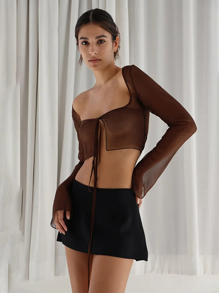 Vintage Aesthetic Crop Top Summer Women Mesh Long Sleeve T Shirt Lace Up Bandage Clothes y2k Clothes Casual Grunge Tees