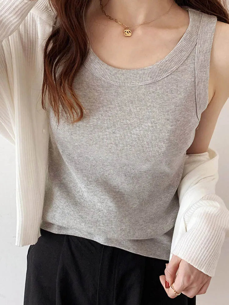 Summer Knitted Solid Color Tanks Top White Skinny Camisole Women Basic Camisole T-Shirt