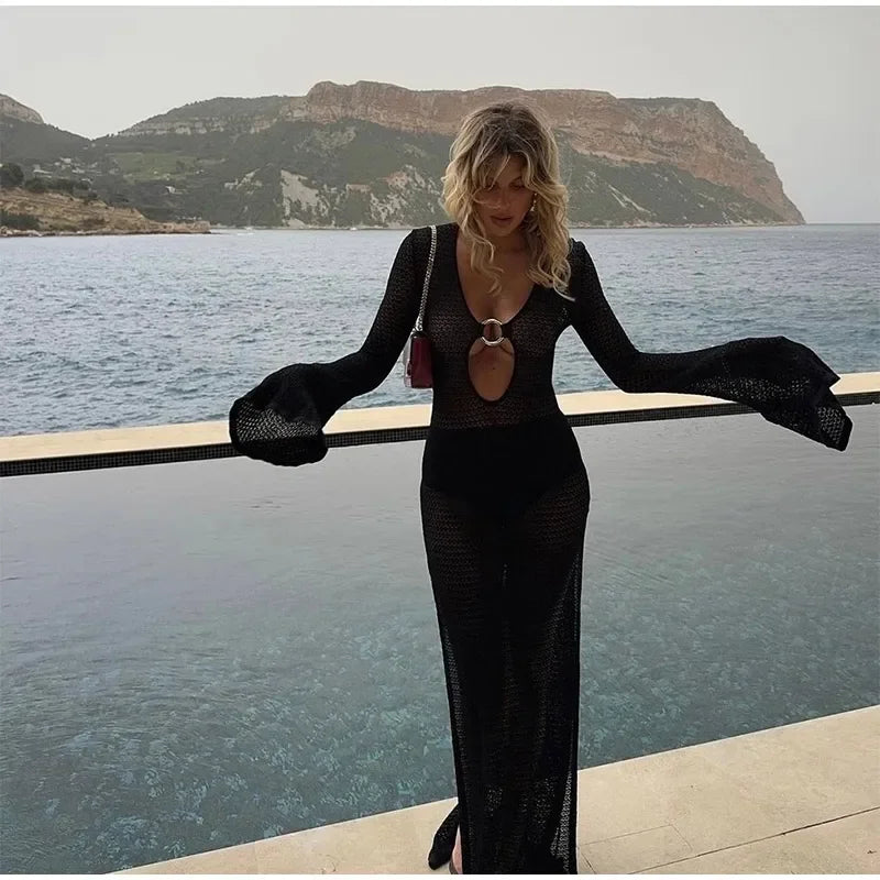 Sexy Hollow Out Metal Ring Buckle Splicing Knit Women Maxi Dress Chic Full Sleeve High Waist Long Dresses Lady Beach Party Robes