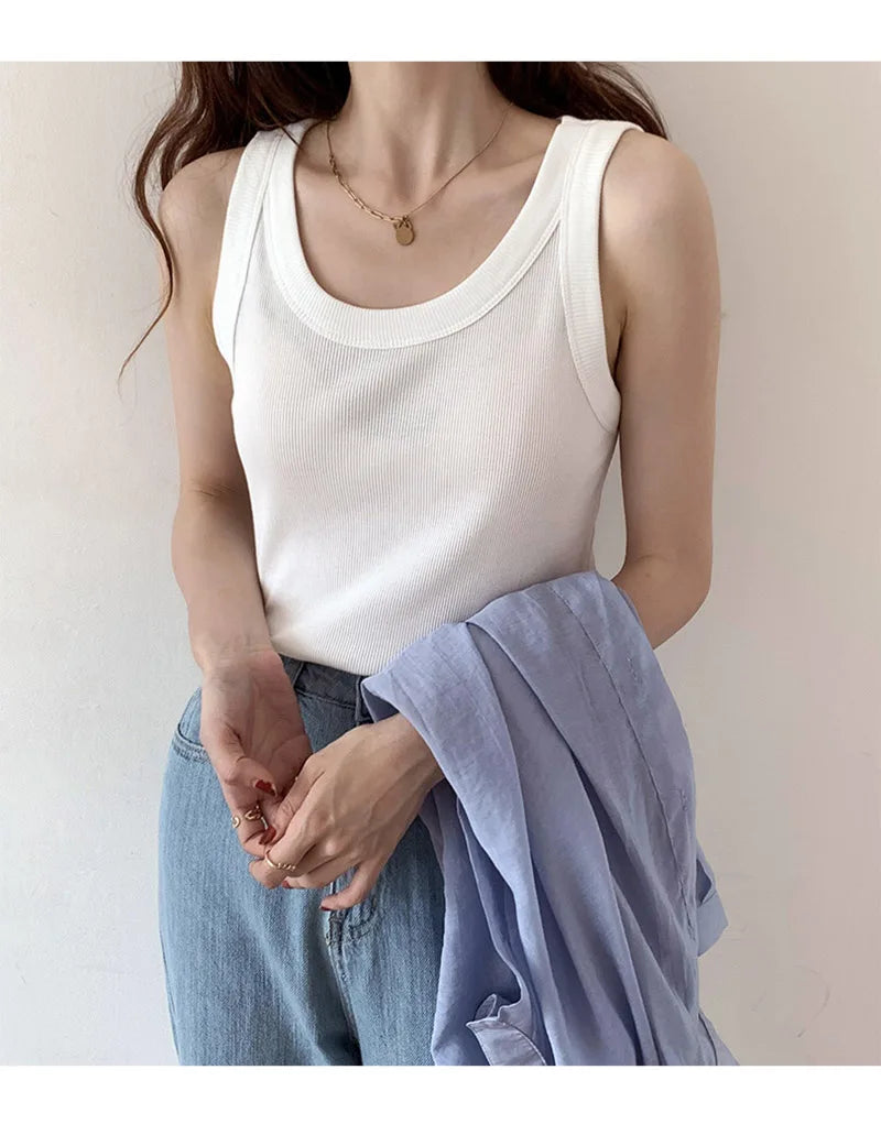 Summer Knitted Solid Color Tanks Top White Skinny Camisole Women Basic Camisole T-Shirt
