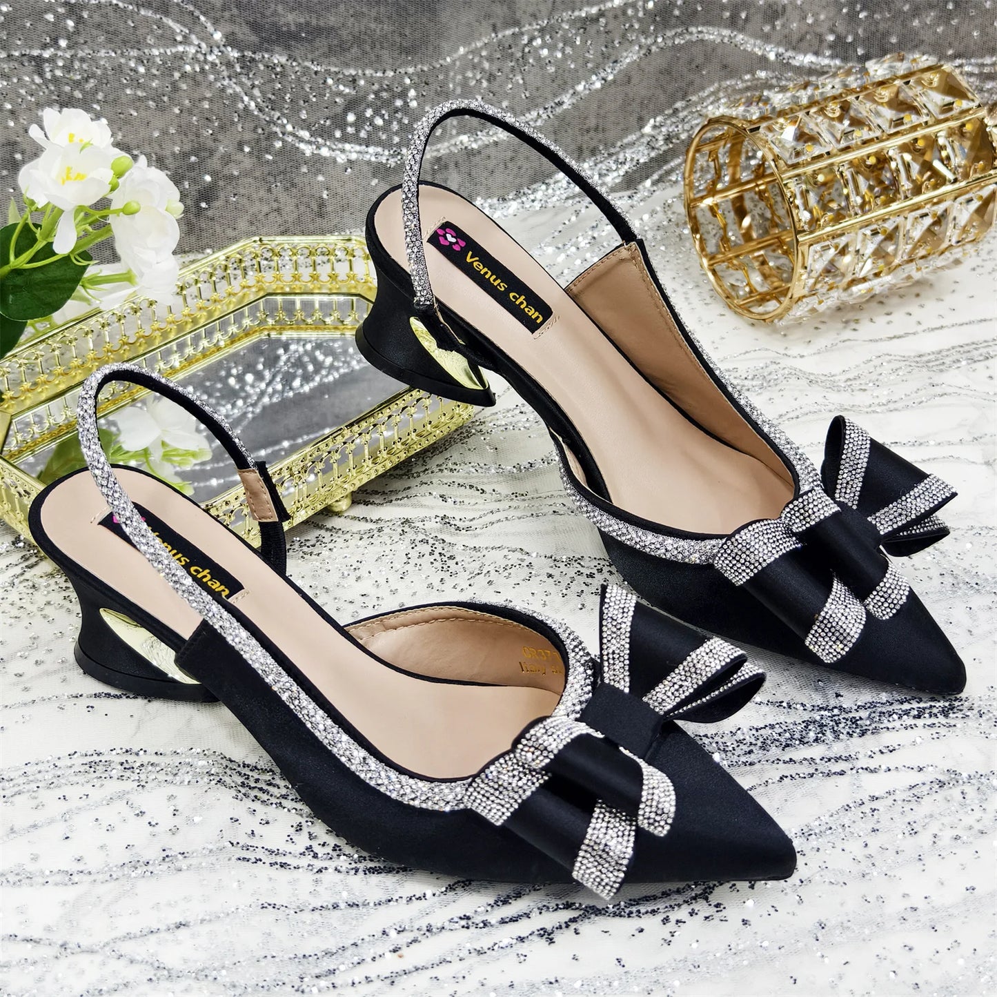 Venus Chan Italy Design 2025 New INS Shoes and Bag to Match Wine Colour Pointed-Toe Rhinestone Bow Party Women's High Heels