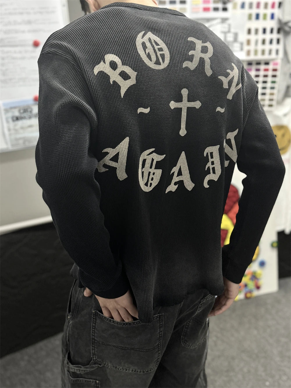 Saint Waffle Texture Fabric Saint Long Sleeved T Shirt Men Women High Quality Pure cotton T-shirt Top Tees