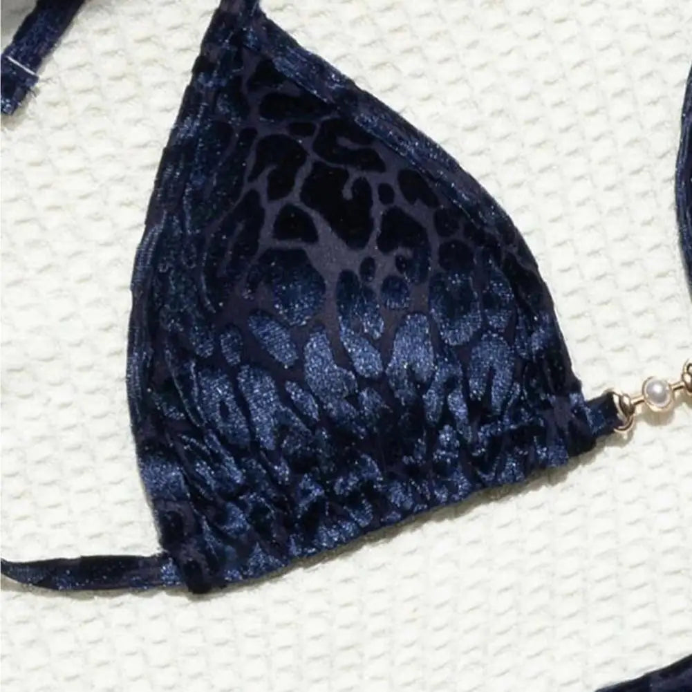 2Pcs/Set Women Bikini Set Leopard Print Halter Bra Faux Pearls Briefs Set Quick Drying Two-piece Lady Swimsuit Beachwear