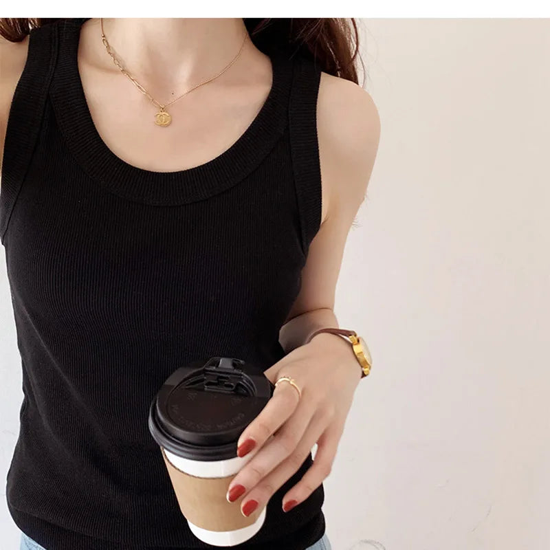 Summer Knitted Solid Color Tanks Top White Skinny Camisole Women Basic Camisole T-Shirt