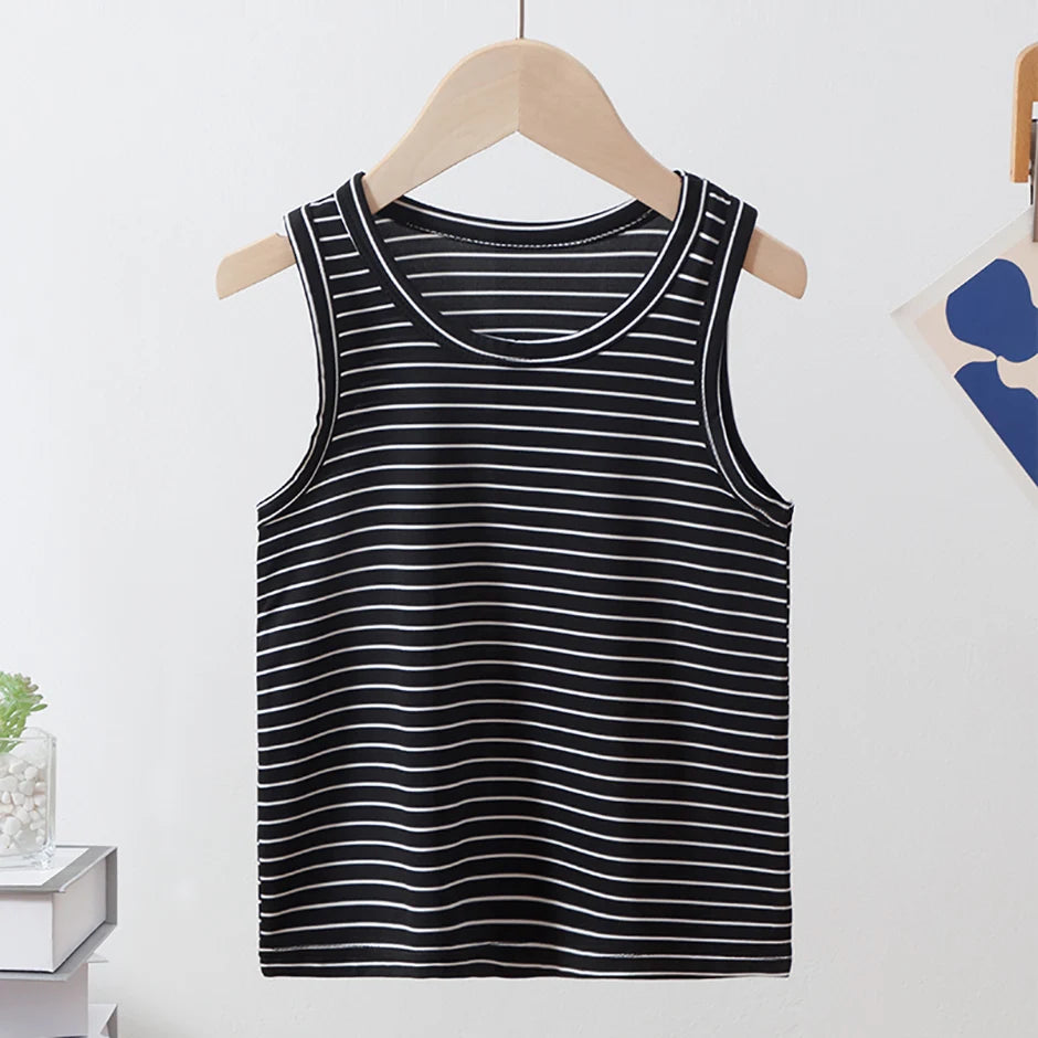 2-Pcs Children's Four Seasons Black And White Striped Vest Boy Leisure Sports Running Top Girl Basic Joker Fashion Bottoming Shi